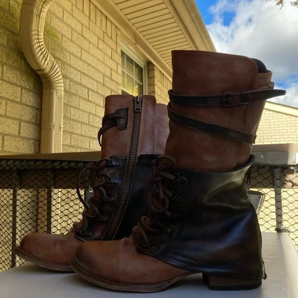 Freebird Ravi Mid-Calf Distressed Brown Leather Two Tone Leather Moto Boots 10 - Picture 5 of 17